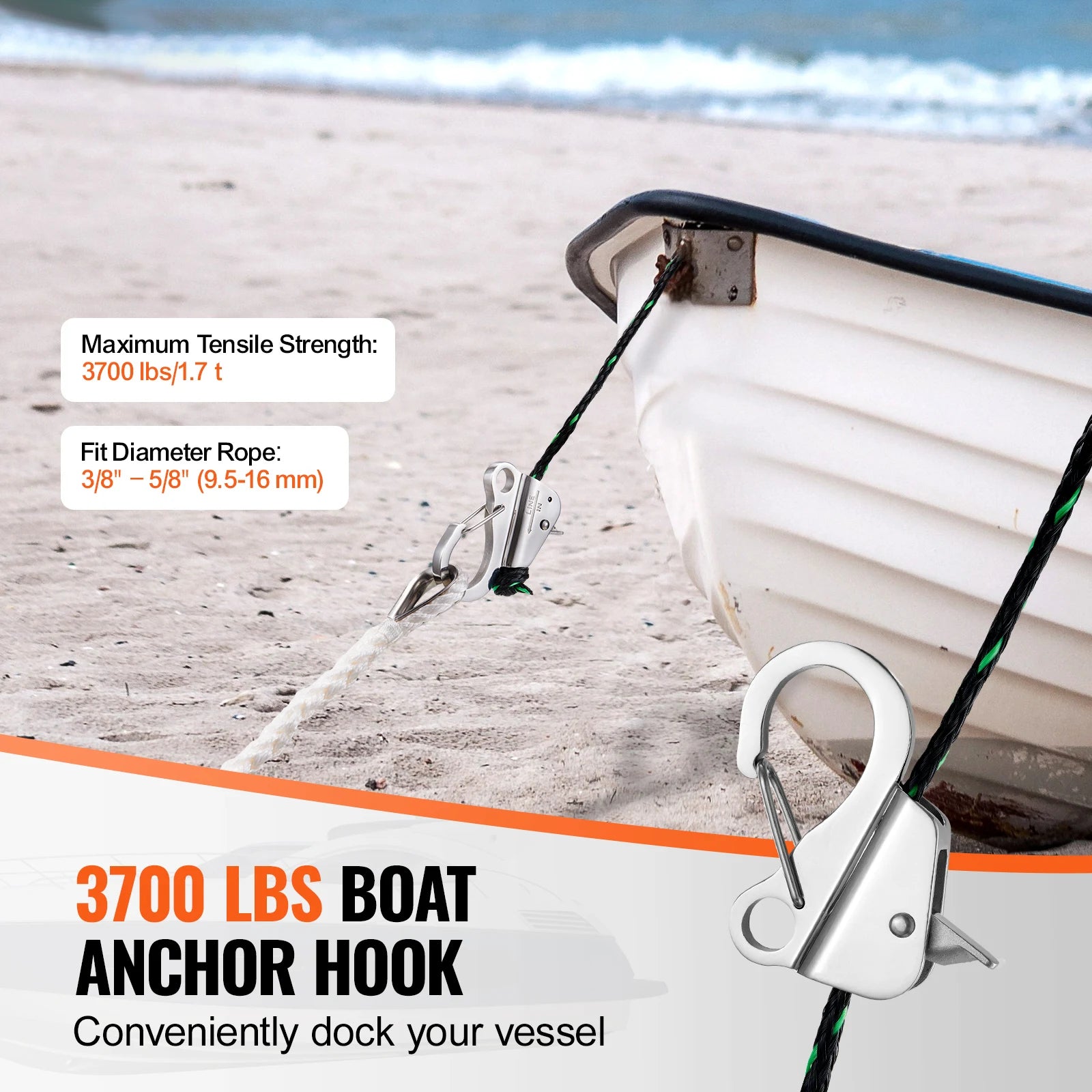 Boat Anchor Hook 304 Stainless Steel Slide Knotless System Clip Easy to Use Holds 3700lb