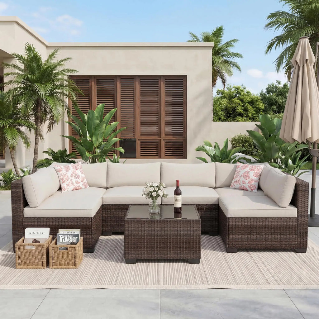 7-Piece Outdoor Patio Furniture Sectional Sofa Set With Ottoman & Storage Table Conversation Set Poolside Backyard