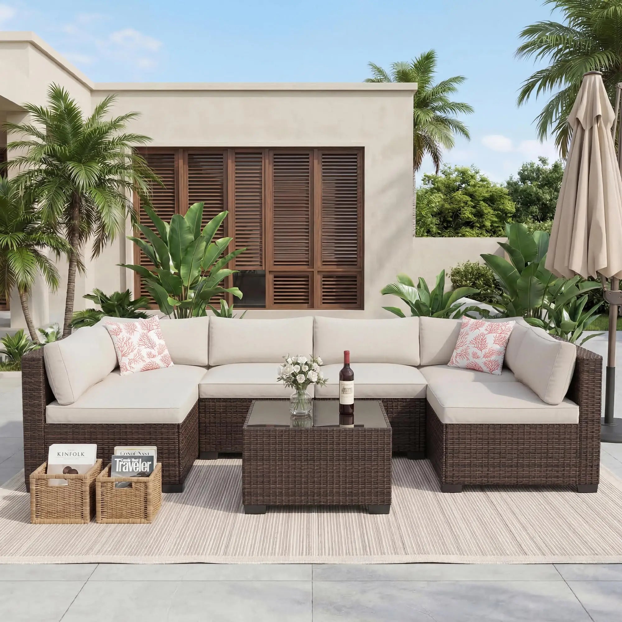 7-Piece Outdoor Patio Furniture Sectional Sofa Set With Ottoman & Storage Table Conversation Set Poolside Backyard