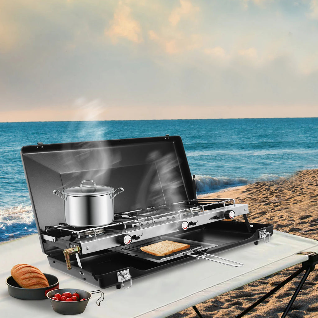 Portable Camping Stove with Griddle 3 Burner Propane Gas Stove Adjustable Windshield Folding for camping, barbecues, parties