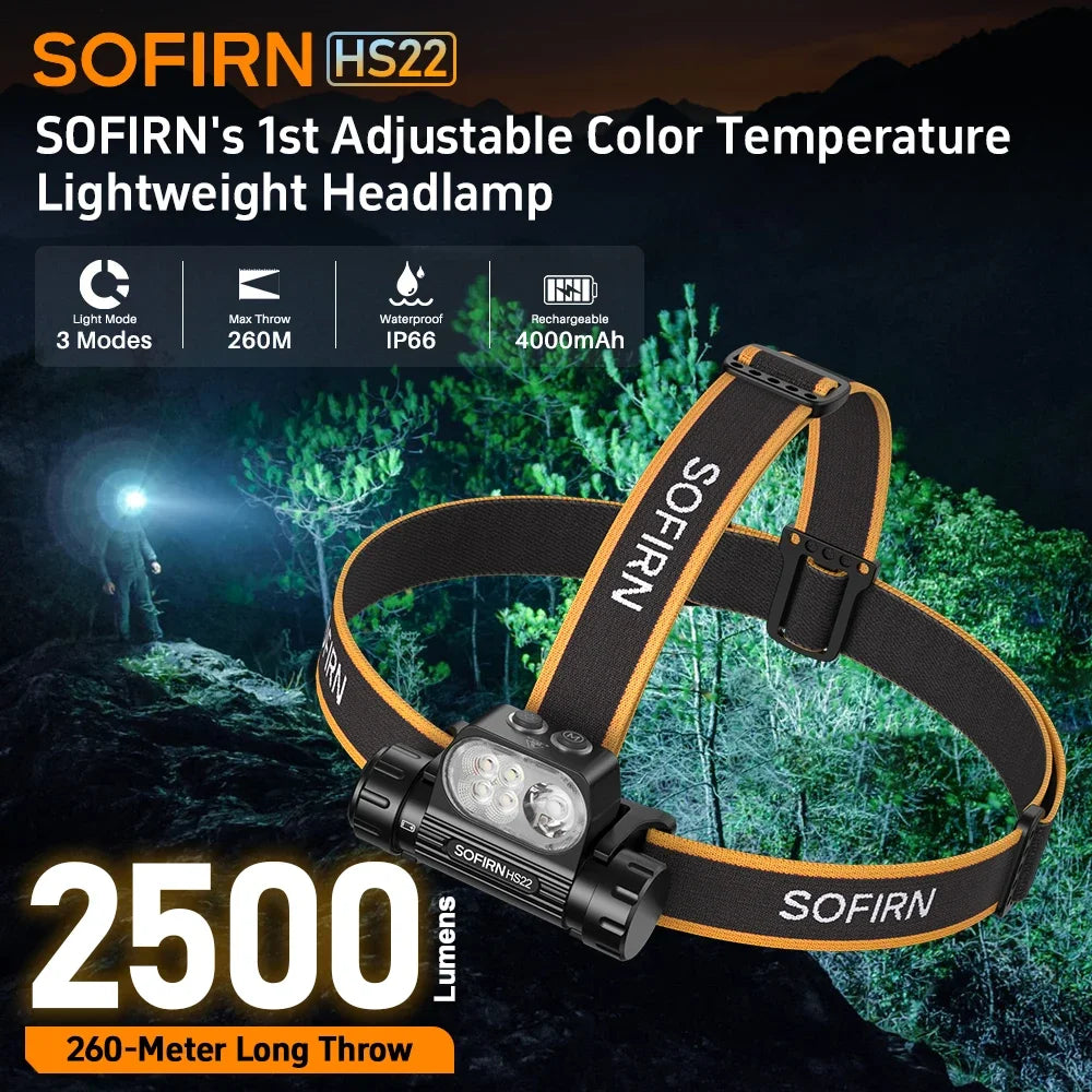 Headlamp HS22 2500lm 18650 4000mAh Flashlight 2700-6000K Stepless SFT25R LED Dual Switch