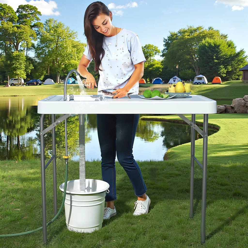 42.5" Fish Cleaning Table with Sink, Folding Camping Table & Fish Cleaning Station with Measuring Scale & Hose Hookup for Picnic, Beach, Dock & Patio