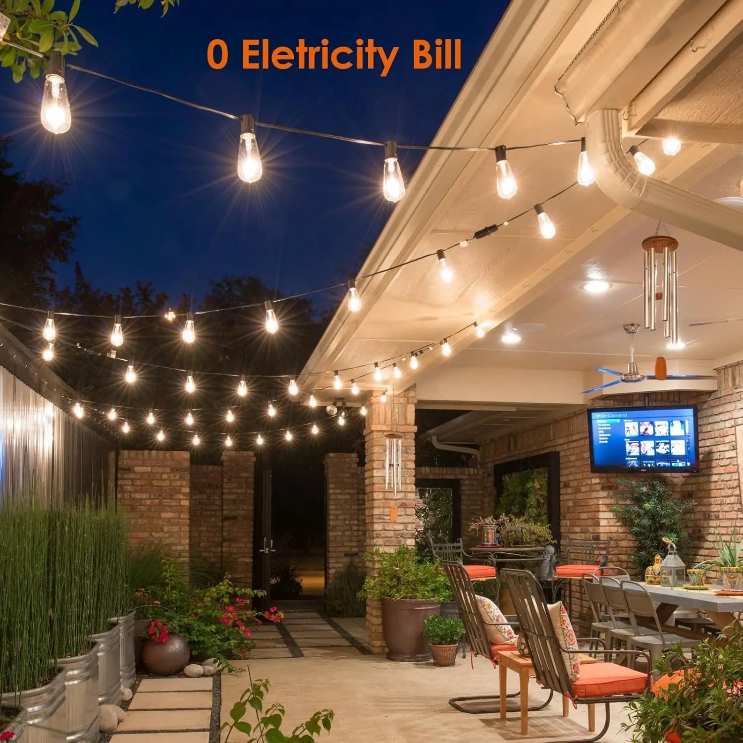 200FT ST38 Solar String Lights, 2700K Warm White, Black Wire, E12, Solar Powered Waterproof Outdoor Patio Lights